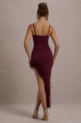 Burgundy Strappy Corset Asymmetric Maxi Dress With Feather Trim
